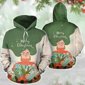 Merry christmas girl hair floral hoodie 3d